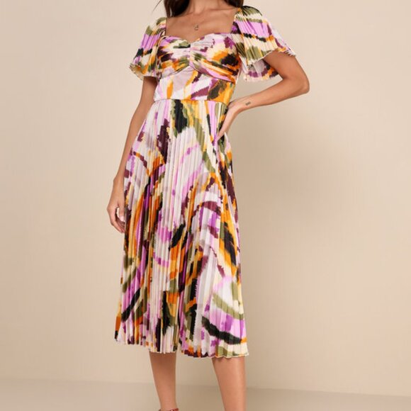 Lulus Authentically Yours Cream Multi Abstract Print Satin Midi Dress White - Picture 1 of 1